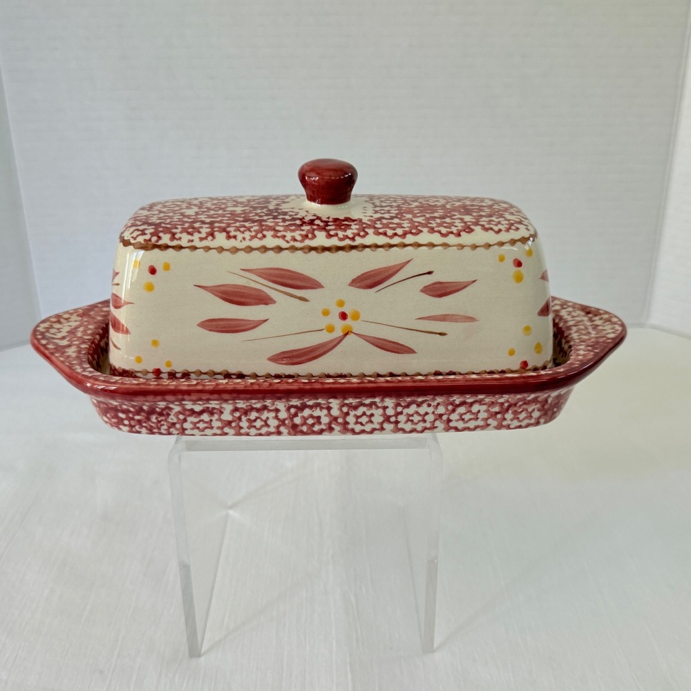 Temp-tations Butter Dish Old World Cranberry Red Excellent Hand Painted Ceramic